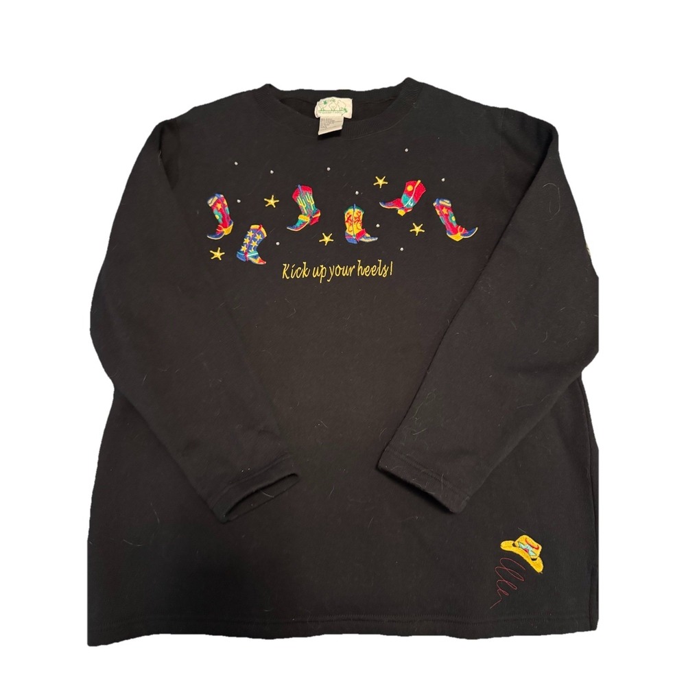 Quacker Factory Kick Up Your Heels Cowboy Boots Embroidered Sweatshirt‎ Black L